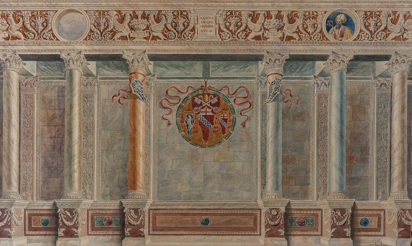 Sala del Mappamondo (Hall of Maps) with the recreation of the original wall decoration featuring the crest of Innocent VIII in a watercolour by Ada Levi from 1917-1920
