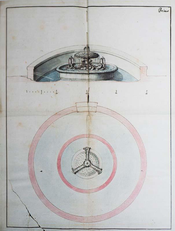 Disegni relativi ad altrettante ipotesi progettuali per la fontana da erigere al centro del cortile del Palazzo nel 1730
