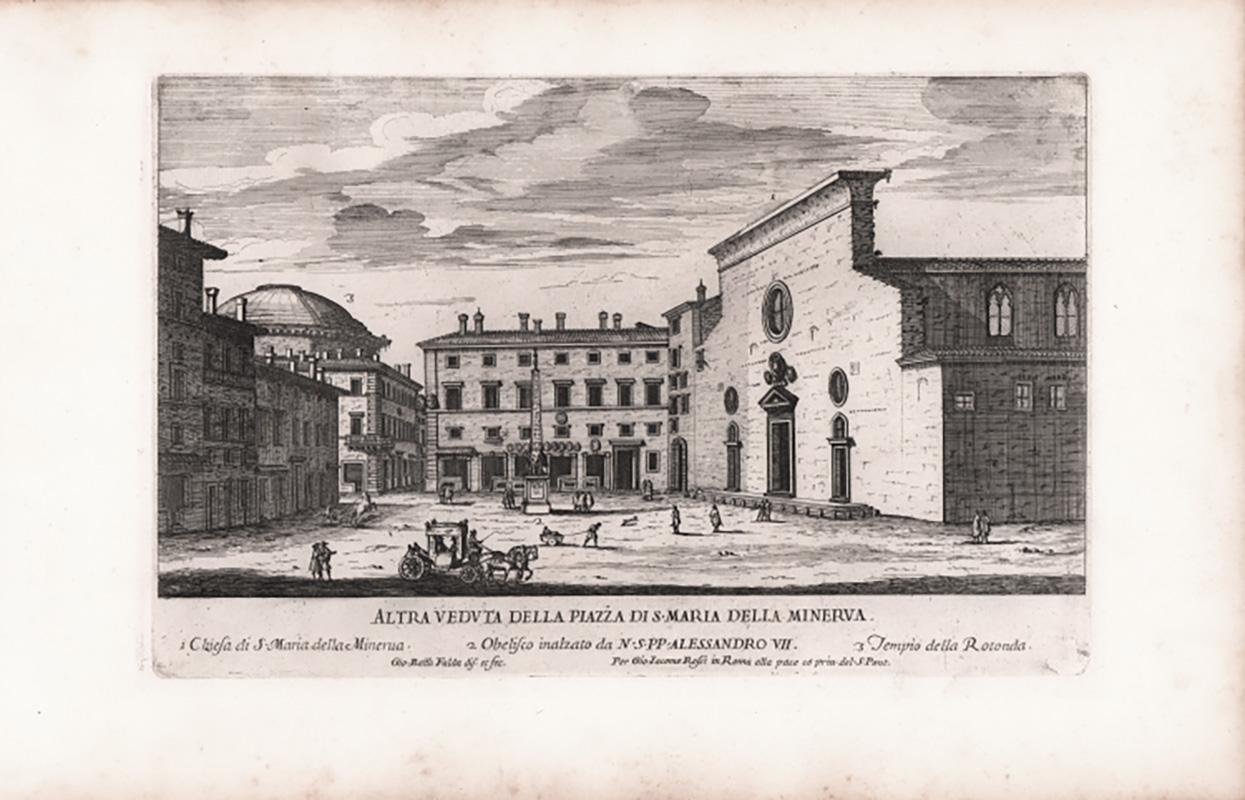 Veduta della Palazzina della Minerva, nell'omonima piazza e adiacente al convento domenicano della chiesa di Santa Maria sopra Minerva, in una stampa di Giovan Battista Falda del 1665
