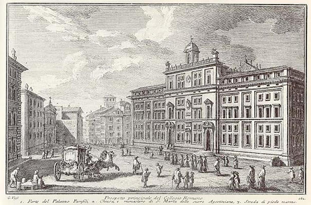 Main facade of the Collegio Romano in a late-18th-century engraving by Giuseppe Vasi, from Delle magnificenze di Roma antica e moderna (The Wonders of Ancient and Modern Rome)  
