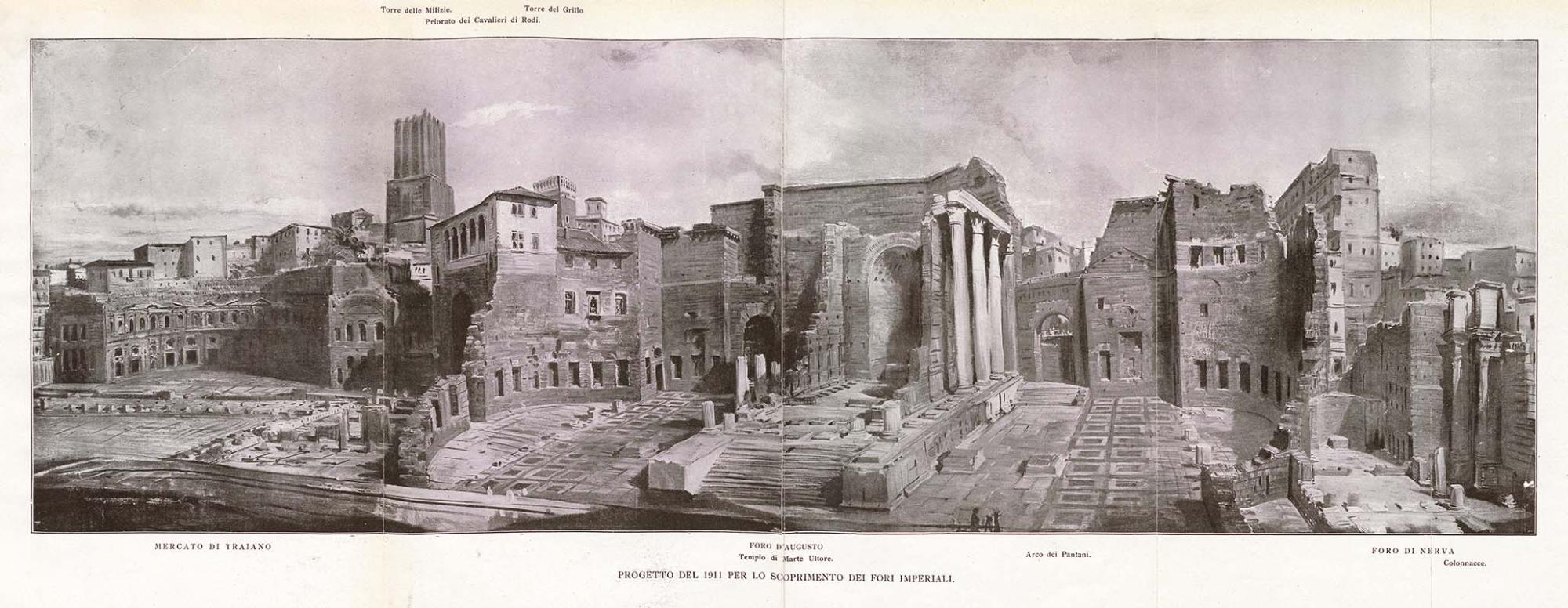 Tavola n. 13 raffigurante il Progetto del 1911 per lo scoprimento dei Fori Imperiali, da Il mercato di Traiano di Corrado Ricci edito nel 1929
