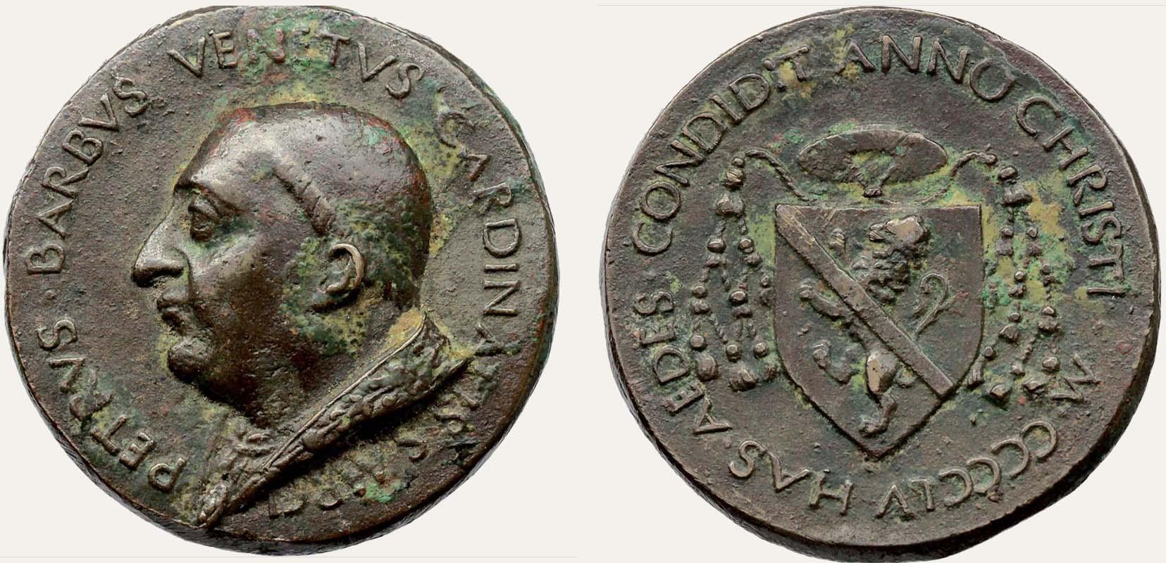 Medaglia del cardinale Pietro Barbo per la fondazione del Palazzo nel 1455 (recto e verso)