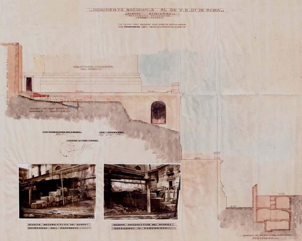 Album con rilievi acquerellati, contenenti il Rilievo dei ruderi rinvenuti, sul colle Capitolino e adiacenze, durante i lavori di sterro per la costruzione del nuovo Museo del Risorgimento, Ufficio Tecnico dei Lavori c.d. Genio Civile
