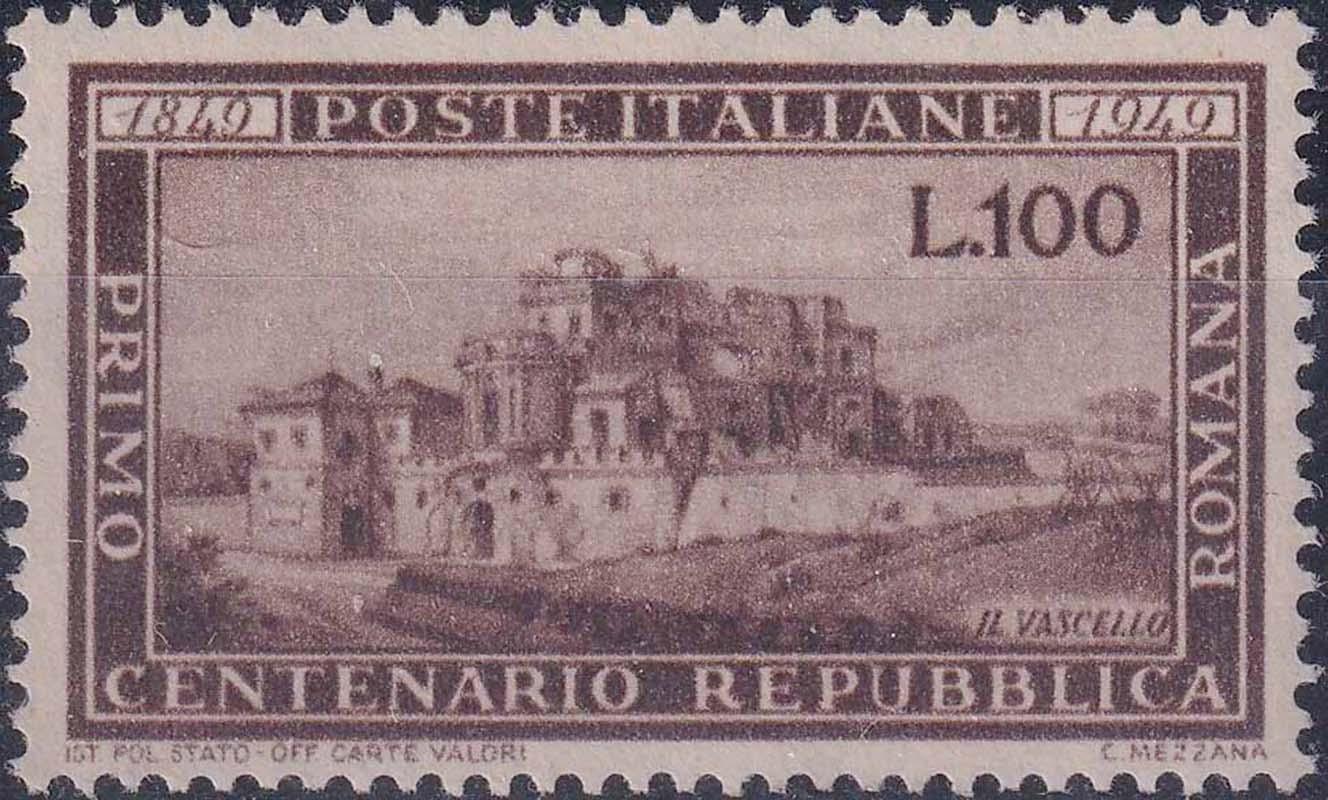 Francobollo di posta ordinaria da 100 Lire emesso il 18 maggio 1949, in occasione del Centenario della Repubblica Romana
