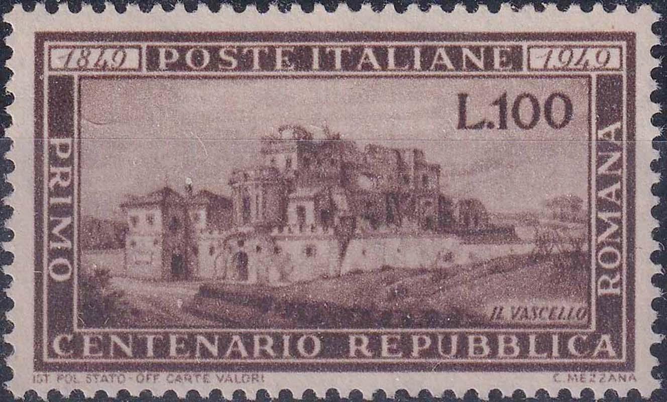 Francobollo di posta ordinaria da 100 Lire emesso il 18 maggio 1949, in occasione del Centenario della Repubblica Romana
