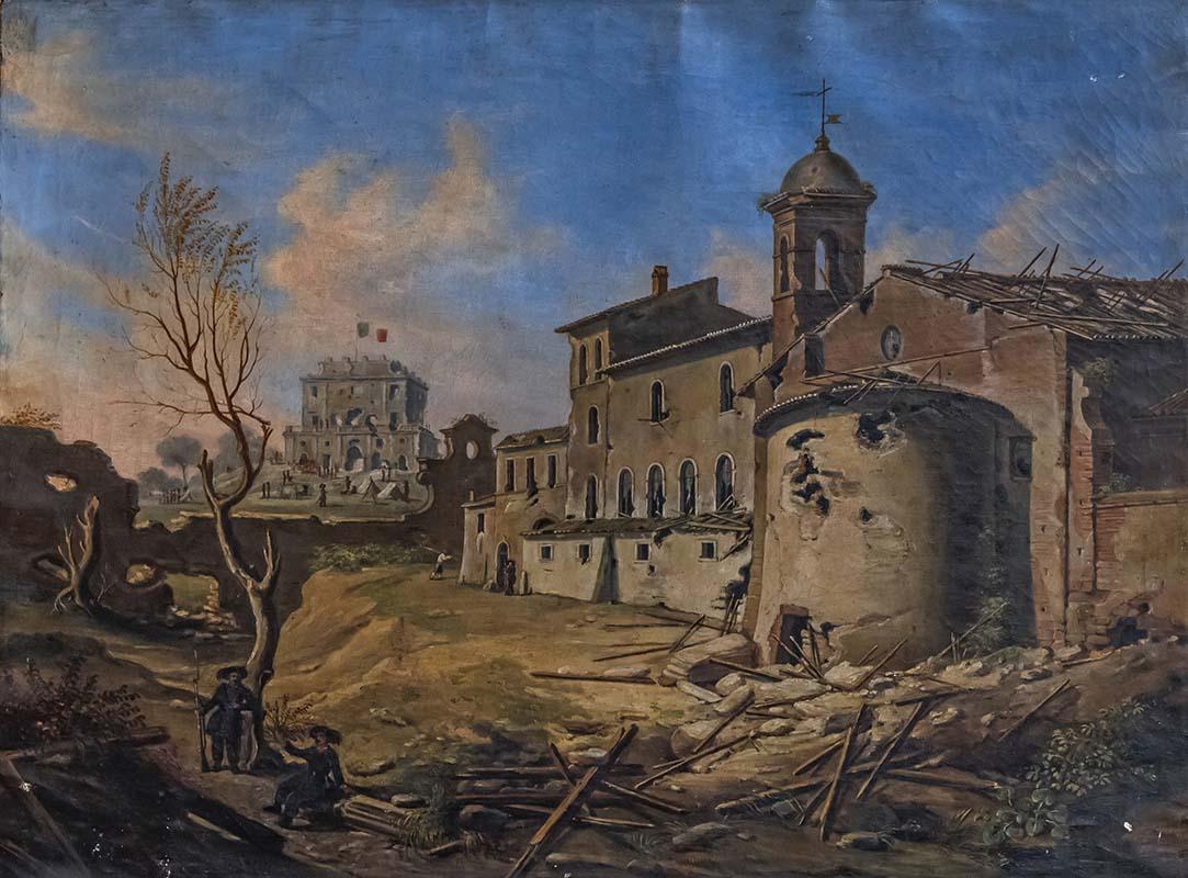Veduta dell'abside della chiesa di San Pancrazio nel giugno del 1849 in un dipinto di metà XIX secolo, conservato presso il Museo Centrale del Risorgimento
