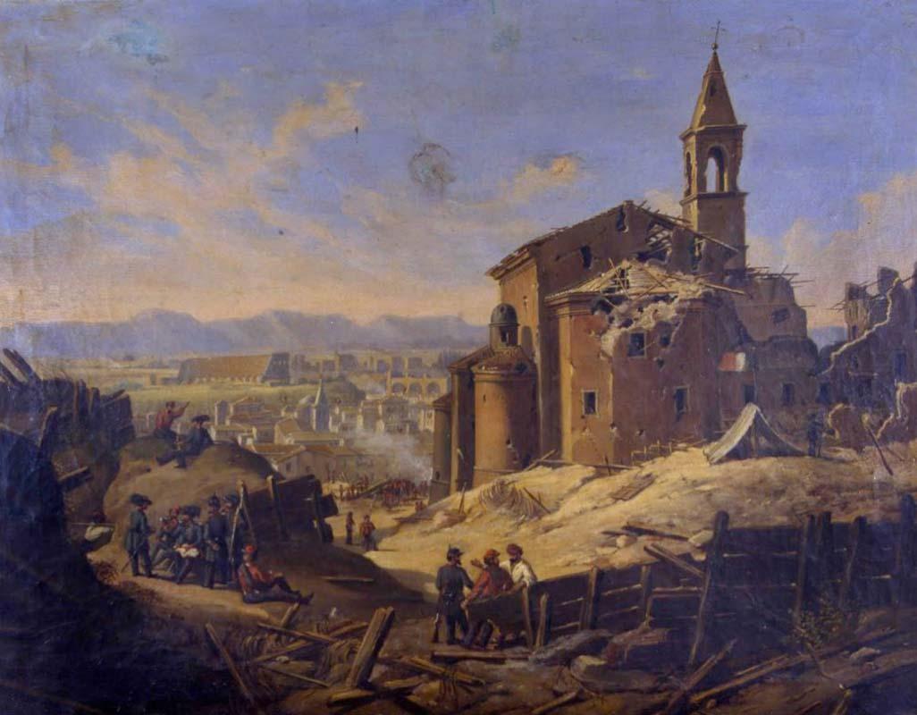 Veduta delle rovine della chiesa di San Pietro in Montorio nel giugno del 1849 in un dipinto di metà XIX secolo, conservato presso il Museo Centrale del Risorgimento

