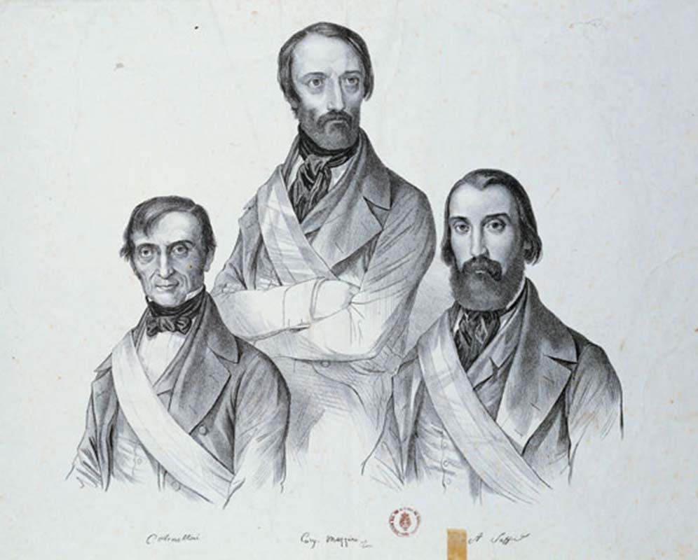 I triumviri della Repubblica Romana Giuseppe Mazzini, Carlo Armellini e Aurelio Saffi, in una stampa conservata presso il Museo Centrale del Risorgimento
