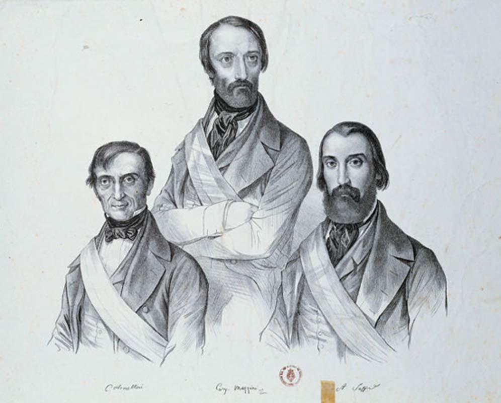 I triumviri della Repubblica Romana Giuseppe Mazzini, Carlo Armellini e Aurelio Saffi, in una stampa conservata presso il Museo Centrale del Risorgimento

