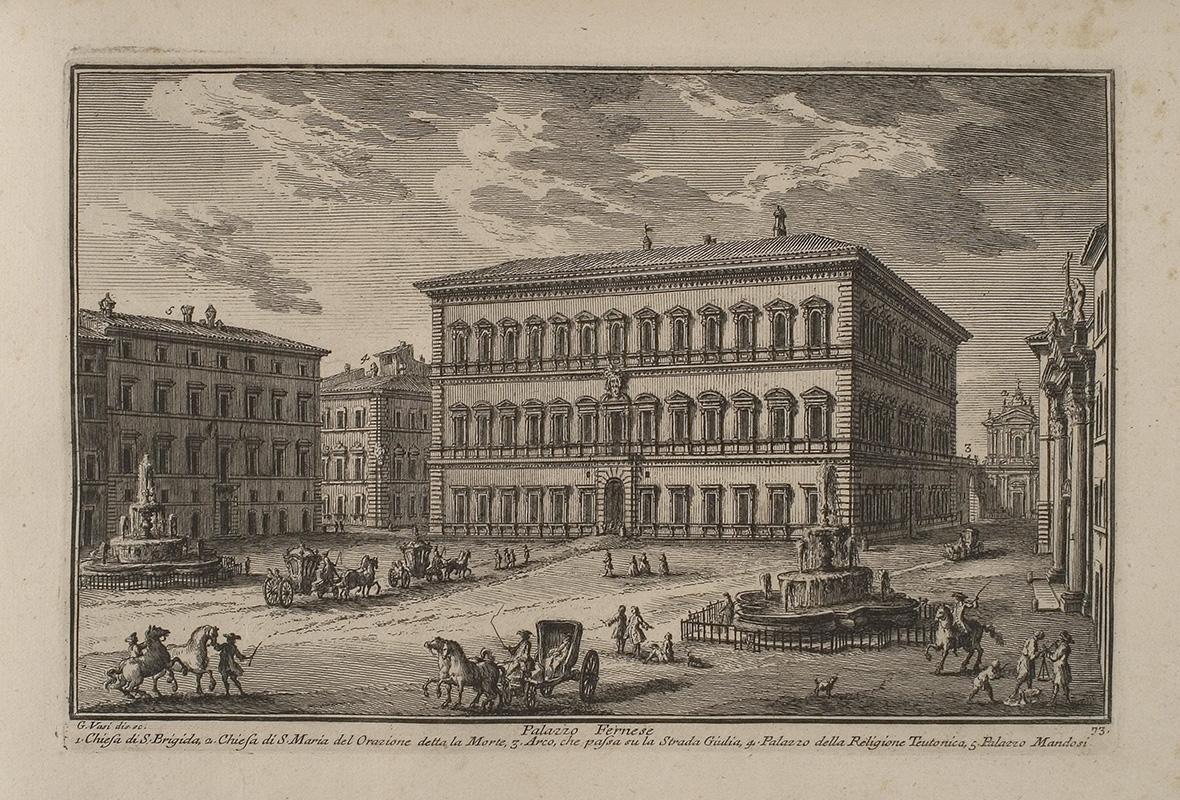 Palazzo Farnese in an engraving by Giuseppe Vasi from The Most Beautiful Ancient and Modern Views of Rome, published in 1786
