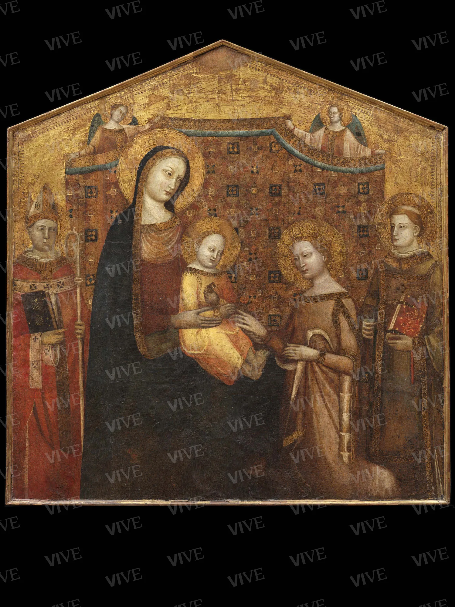 Matrimonio mistico di santa Caterina d'Alessandria, un santo vescovo e un santo diacono - Maestro dell'Incoronazione Christ Church