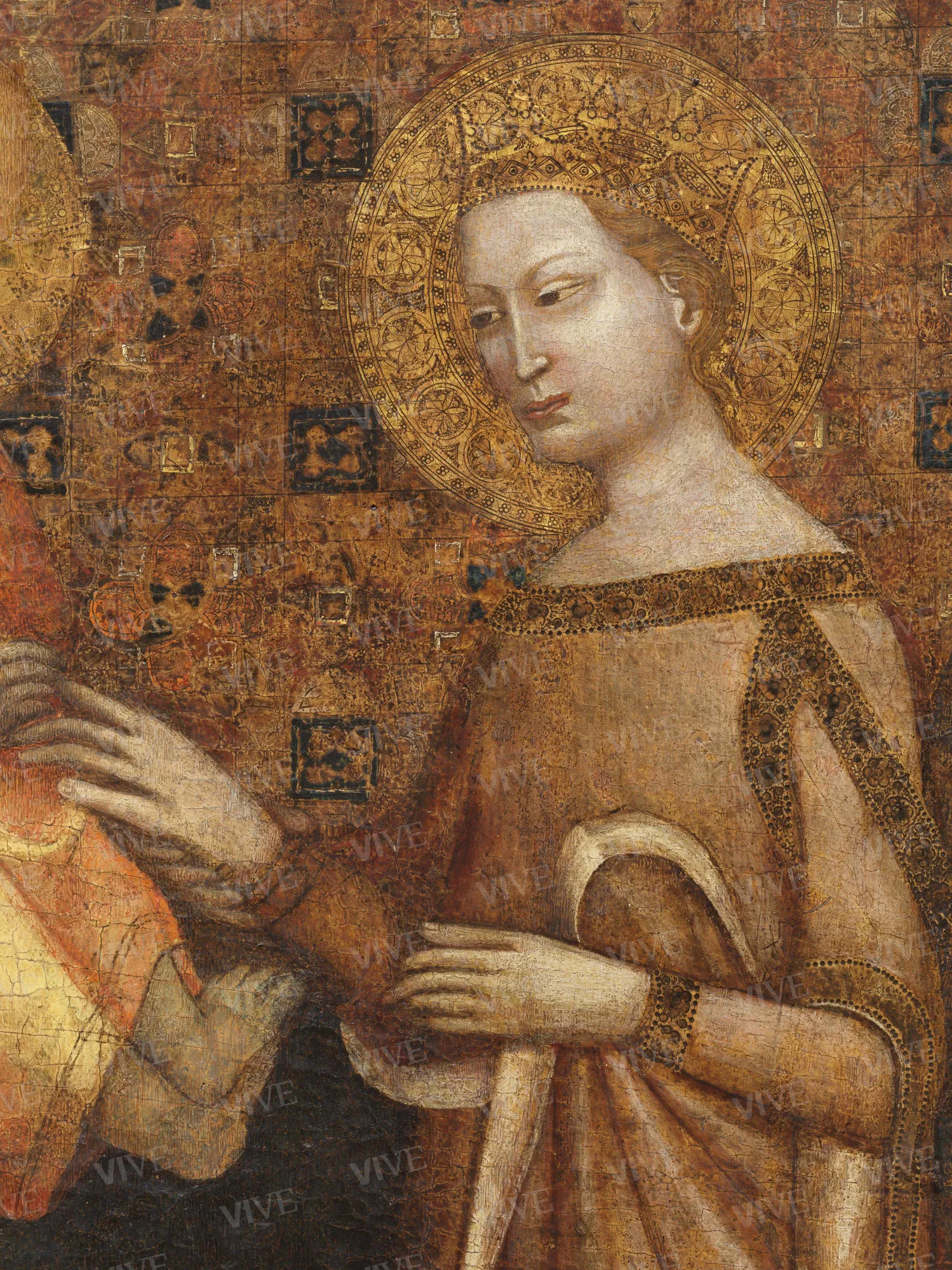 Matrimonio mistico di santa Caterina d'Alessandria, un santo vescovo e un santo diacono - Maestro dell'Incoronazione Christ Church