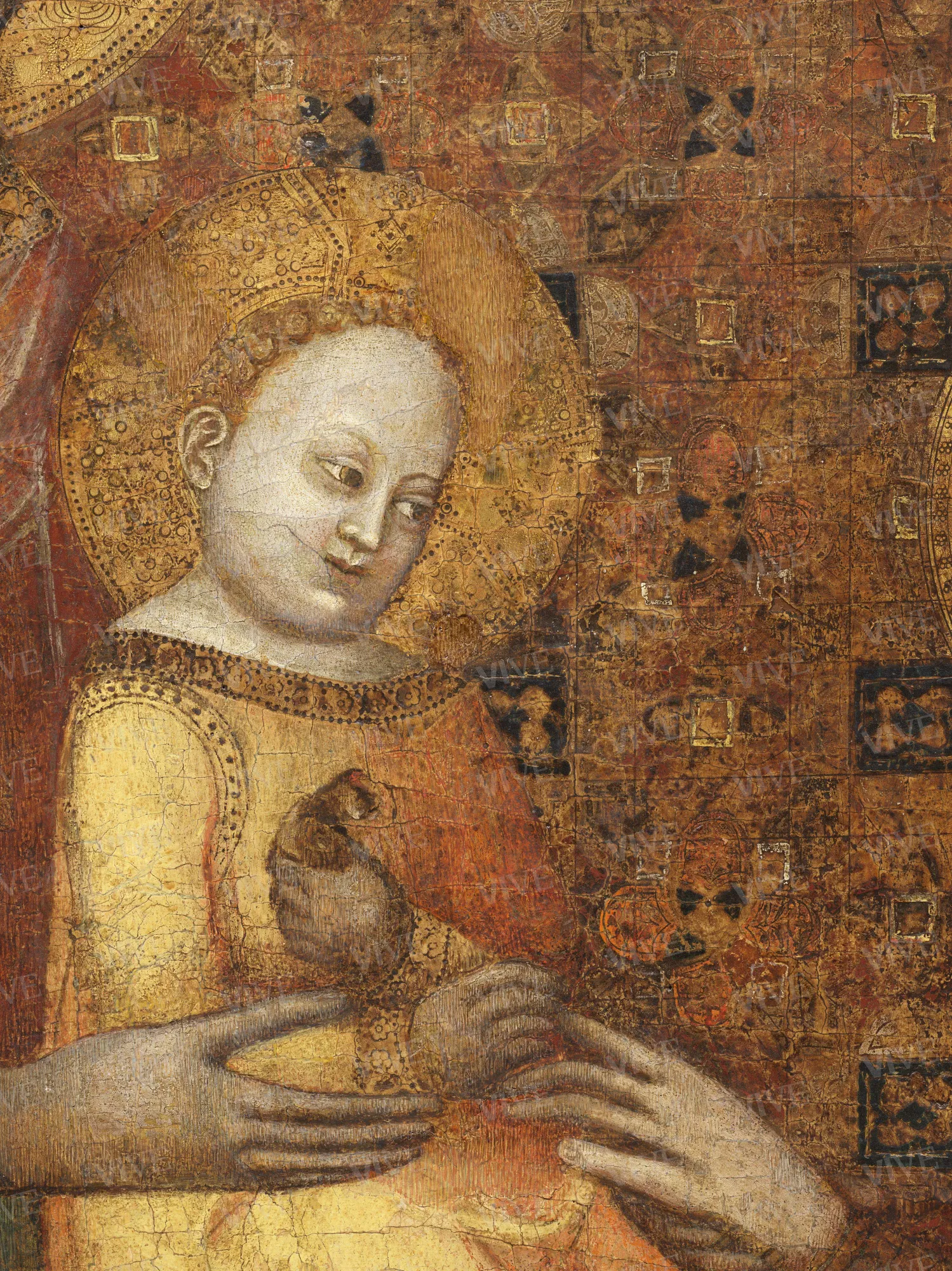 Matrimonio mistico di santa Caterina d'Alessandria, un santo vescovo e un santo diacono - Maestro dell'Incoronazione Christ Church