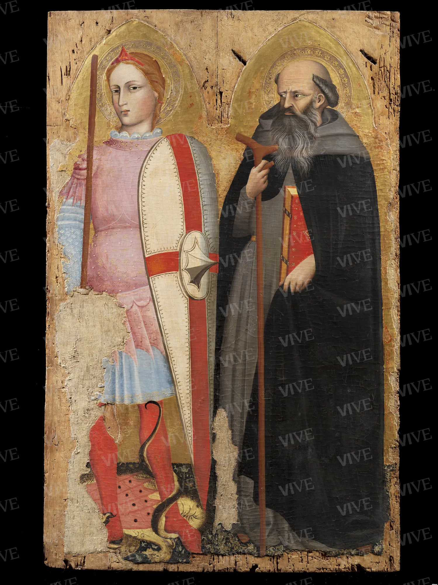 Trittico raffigurante Madonna con il Bambino tra i ss. Giovanni Evangelista e Giacomo a sinistra, Giorgio e Antonio Abate a destra - Nanni di Jacopo
