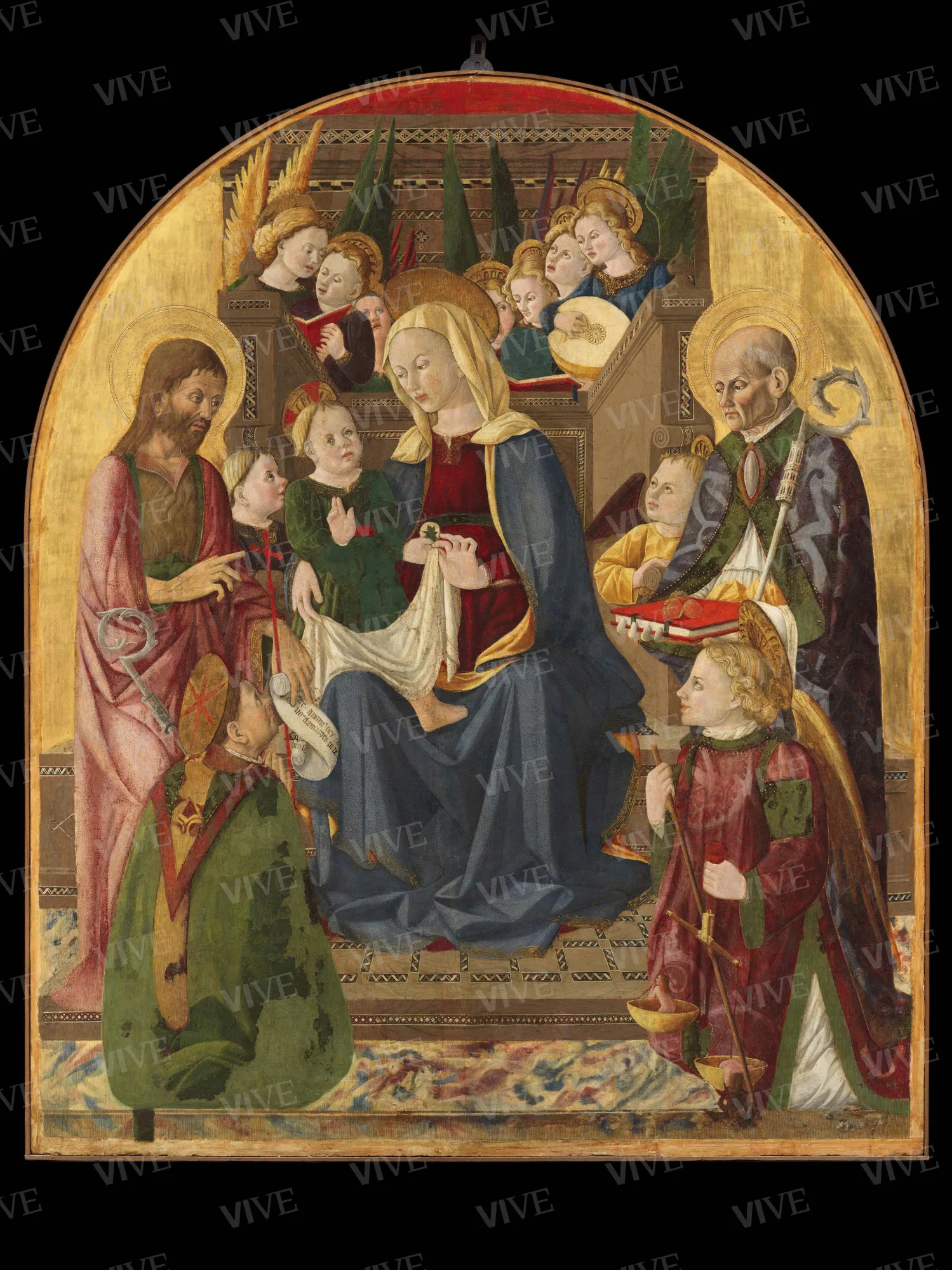 Madonna con il Bambino, nove angeli, san Giovanni Battista, san Fortunato, san Nicola da Bari e san Michele arcangelo - Giovanni Angelo d'Antonio da Bolognola