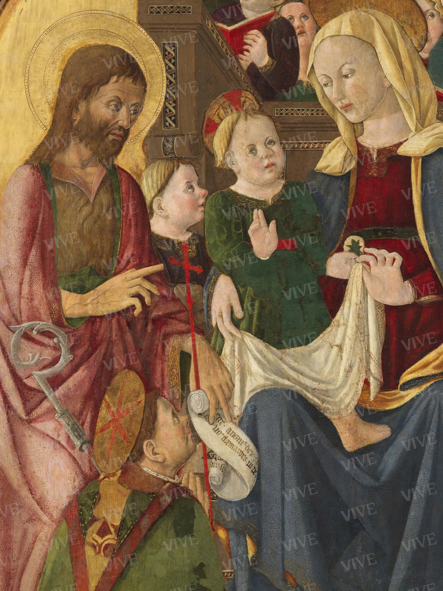 Madonna con il Bambino, nove angeli, san Giovanni Battista, san Fortunato, san Nicola da Bari e san Michele arcangelo - Giovanni Angelo d'Antonio da Bolognola