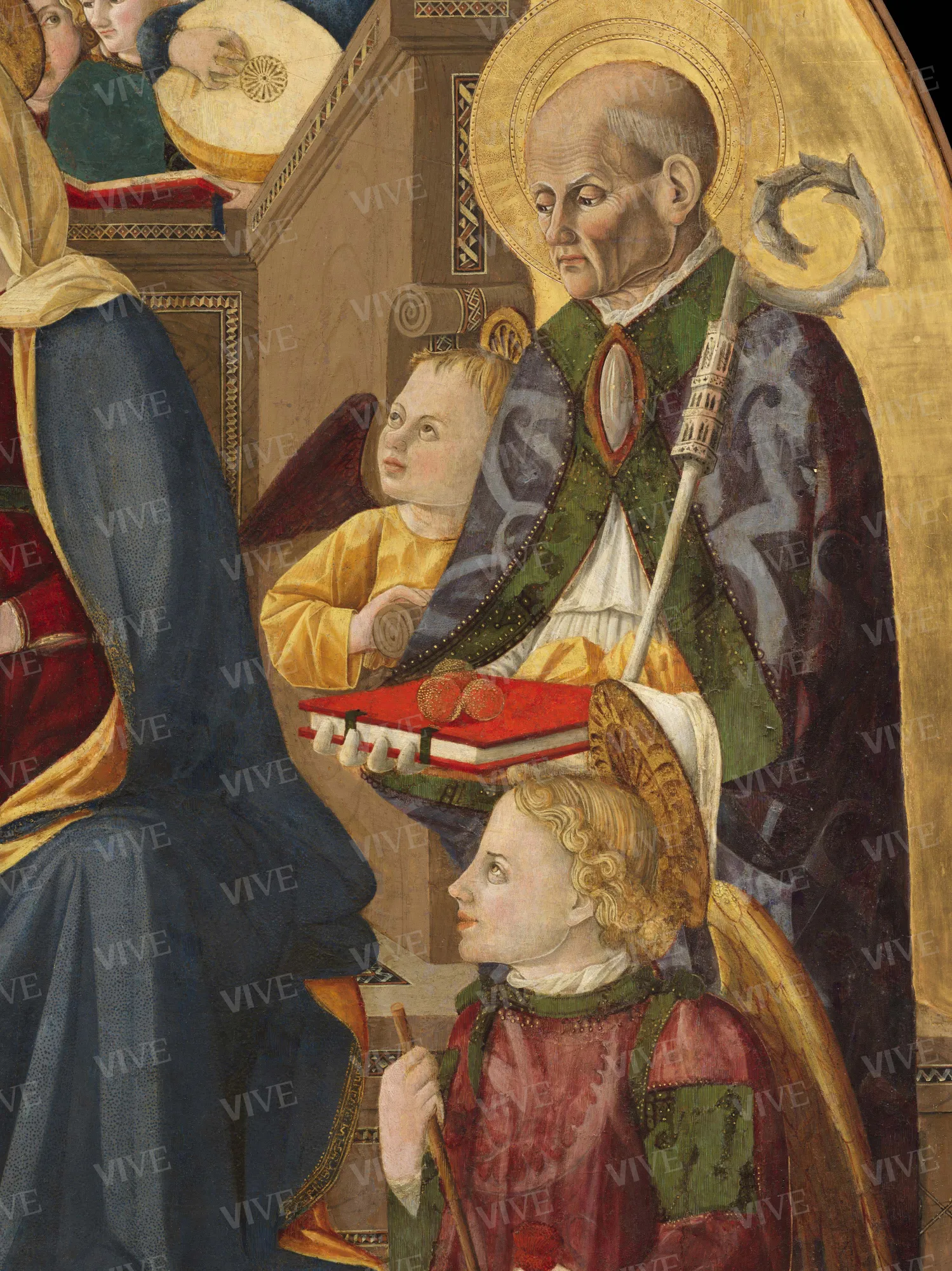 Madonna con il Bambino, nove angeli, san Giovanni Battista, san Fortunato, san Nicola da Bari e san Michele arcangelo - Giovanni Angelo d'Antonio da Bolognola