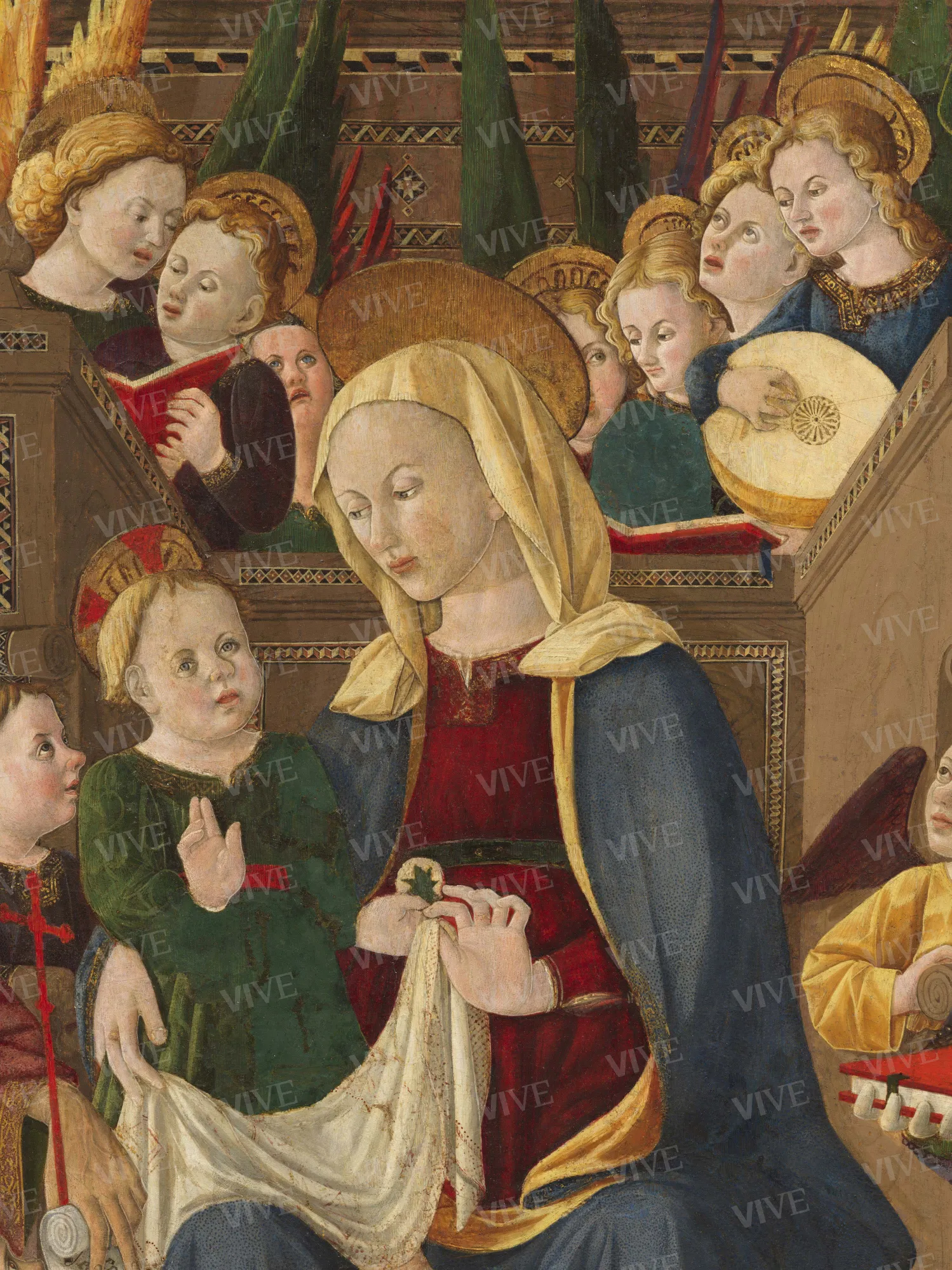 Madonna con il Bambino, nove angeli, san Giovanni Battista, san Fortunato, san Nicola da Bari e san Michele arcangelo - Giovanni Angelo d'Antonio da Bolognola