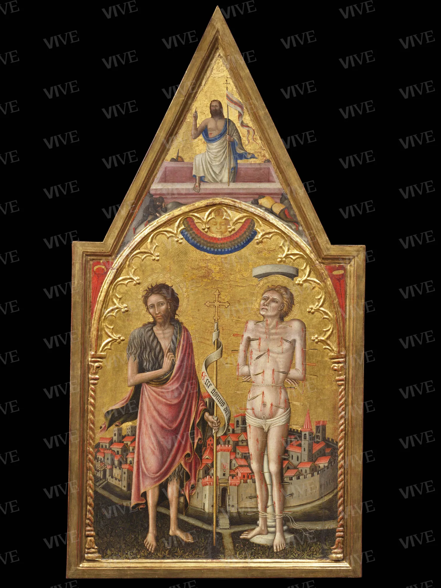 Madonna of Mercy, God the Father shooting arrows (obverse); Saint John the Baptist, Saint Sebastian, and the Risen Christ (reverse) - Staffolo Master