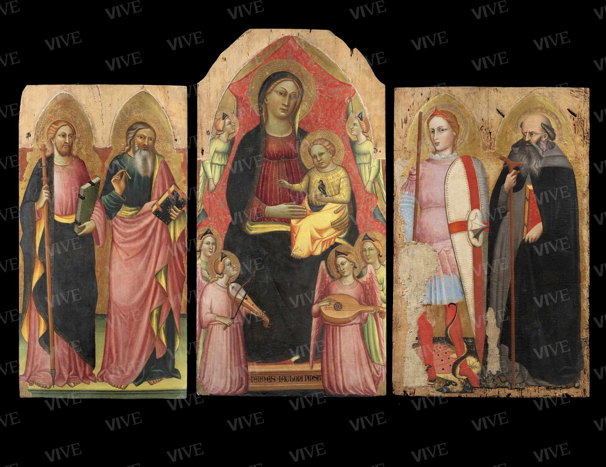 Trittico raffigurante Madonna con il Bambino tra i ss. Giovanni Evangelista e Giacomo a sinistra, Giorgio e Antonio Abate a destra - Nanni di Jacopo