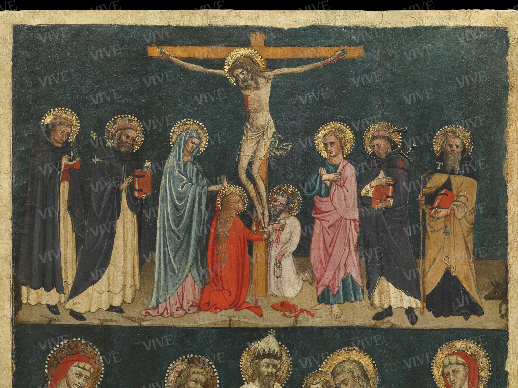 Crucifixion with St Dominic, St Thomas Aquinas, the Virgin Mary, St Mary Magdalene, St Jerome, St John, St Peter the Martyr, St Anthony Abbot (upper register); Presentation of Jesus in the Temple between Sts Cosmas and Damian (lower register) - Francesco d’Antonio?