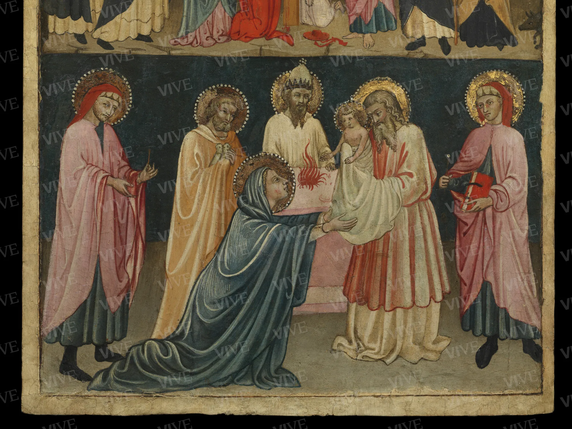 Crucifixion with St Dominic, St Thomas Aquinas, the Virgin Mary, St Mary Magdalene, St Jerome, St John, St Peter the Martyr, St Anthony Abbot (upper register); Presentation of Jesus in the Temple between Sts Cosmas and Damian (lower register) - Francesco d’Antonio?