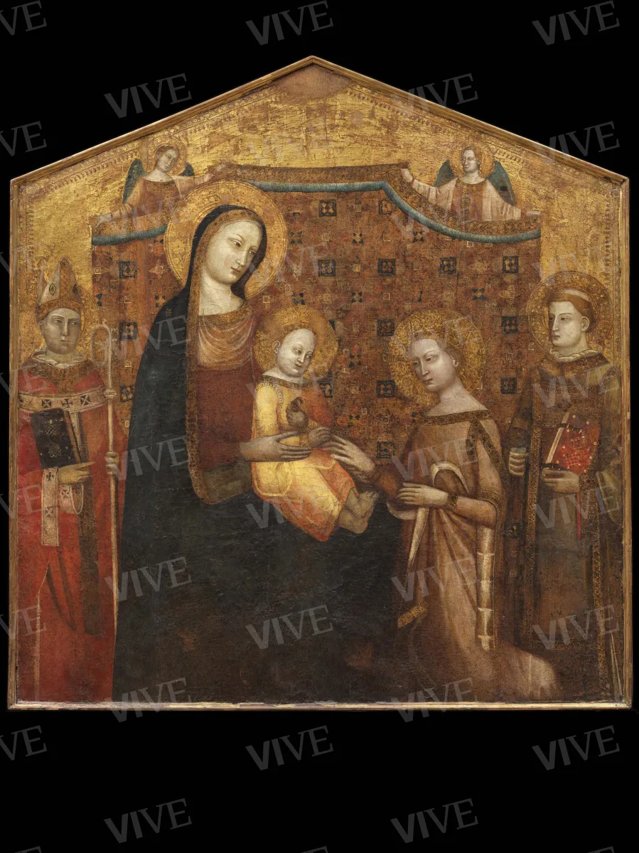 Matrimonio mistico di santa Caterina d'Alessandria, un santo vescovo e un santo diacono - Maestro dell'Incoronazione Christ Church