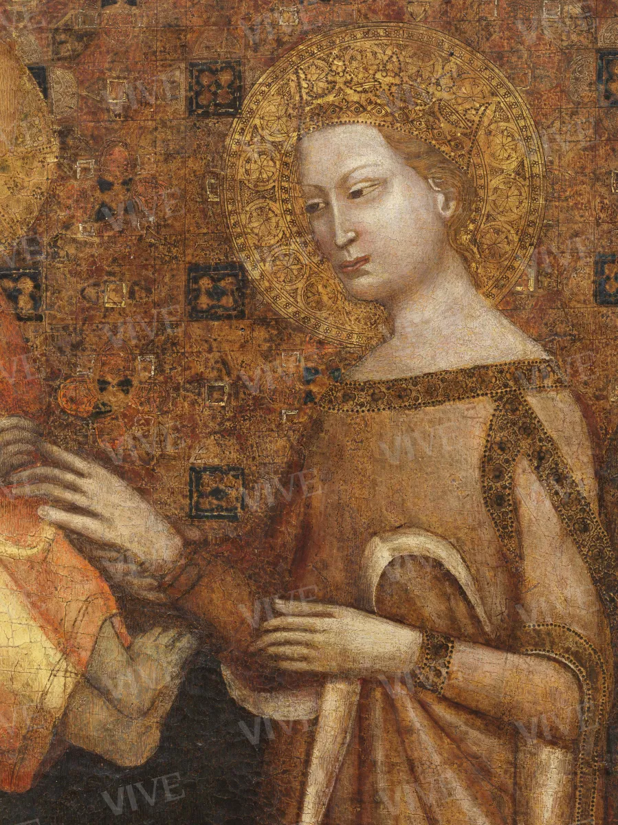 Matrimonio mistico di santa Caterina d'Alessandria, un santo vescovo e un santo diacono - Maestro dell'Incoronazione Christ Church