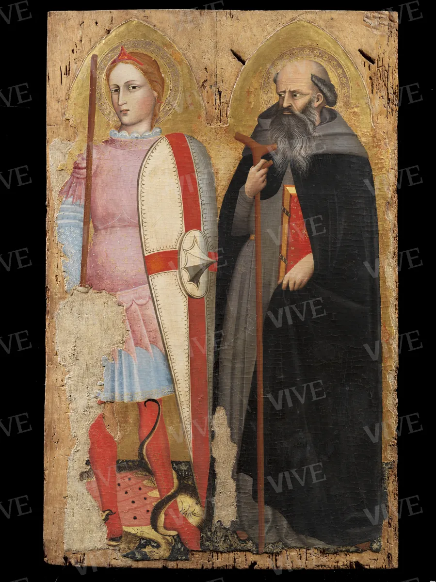 Trittico raffigurante Madonna con il Bambino tra i ss. Giovanni Evangelista e Giacomo a sinistra, Giorgio e Antonio Abate a destra - Nanni di Jacopo