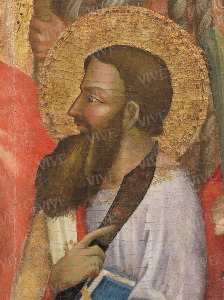 Madonna con il Bambino in trono tra due angeli e i santi Giovanni Battista, Pietro, Paolo, Antonio Abate, Michele Arcangelo, Bartolomeo, Onofrio e Lorenzo - Mariotto di Cristofano