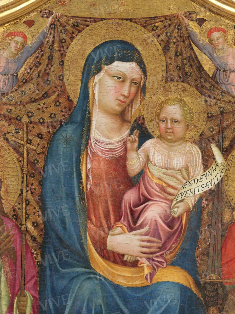 Madonna con il Bambino in trono tra due angeli e i santi Giovanni Battista, Pietro, Paolo, Antonio Abate, Michele Arcangelo, Bartolomeo, Onofrio e Lorenzo - Mariotto di Cristofano