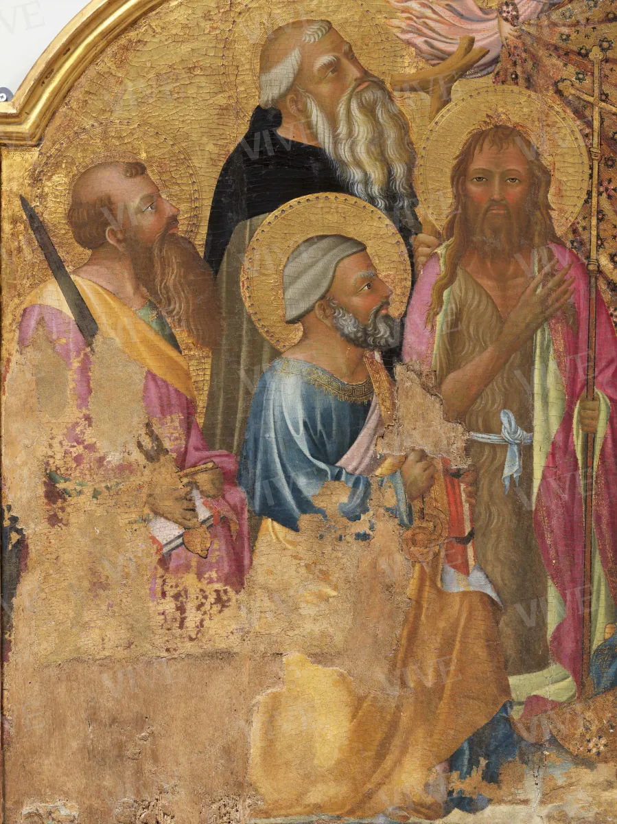 Madonna con il Bambino in trono tra due angeli e i santi Giovanni Battista, Pietro, Paolo, Antonio Abate, Michele Arcangelo, Bartolomeo, Onofrio e Lorenzo - Mariotto di Cristofano