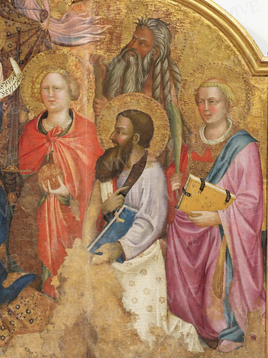 Madonna con il Bambino in trono tra due angeli e i santi Giovanni Battista, Pietro, Paolo, Antonio Abate, Michele Arcangelo, Bartolomeo, Onofrio e Lorenzo - Mariotto di Cristofano
