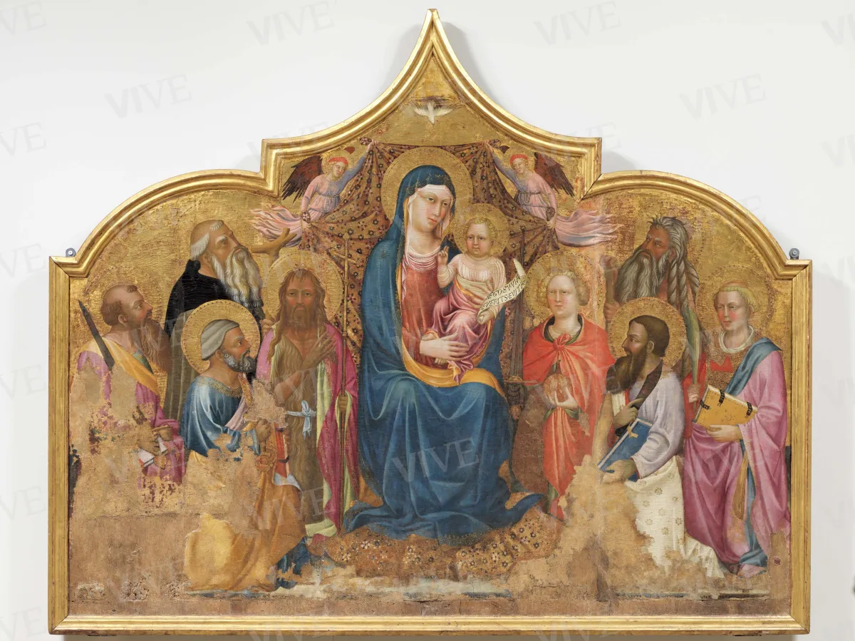 Madonna con il Bambino in trono tra due angeli e i santi Giovanni Battista, Pietro, Paolo, Antonio Abate, Michele Arcangelo, Bartolomeo, Onofrio e Lorenzo - Mariotto di Cristofano