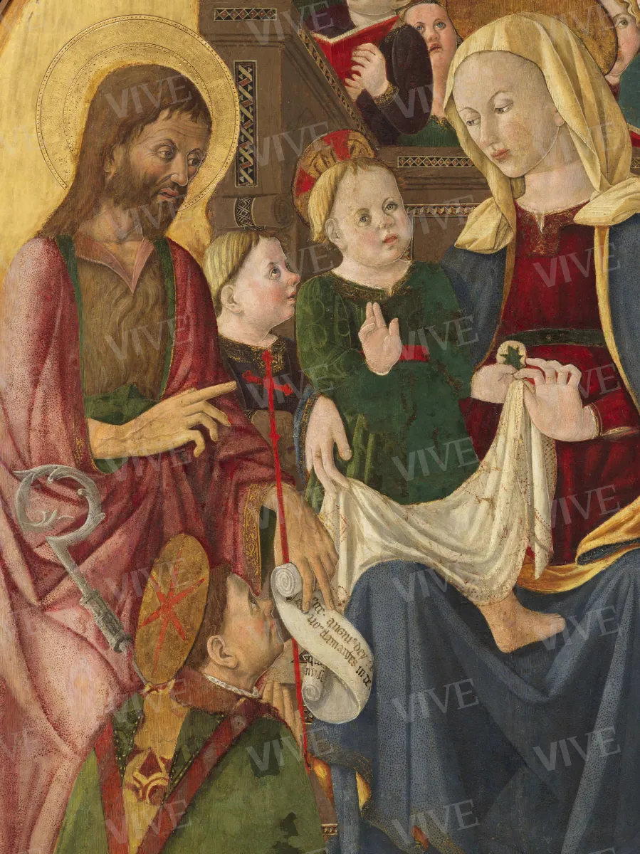 Madonna con il Bambino, nove angeli, san Giovanni Battista, san Fortunato, san Nicola da Bari e san Michele arcangelo - Giovanni Angelo d'Antonio da Bolognola