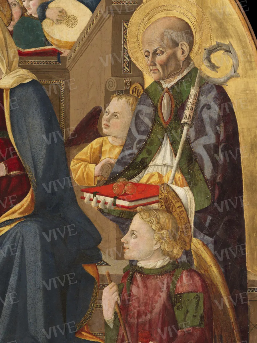 Madonna con il Bambino, nove angeli, san Giovanni Battista, san Fortunato, san Nicola da Bari e san Michele arcangelo - Giovanni Angelo d'Antonio da Bolognola