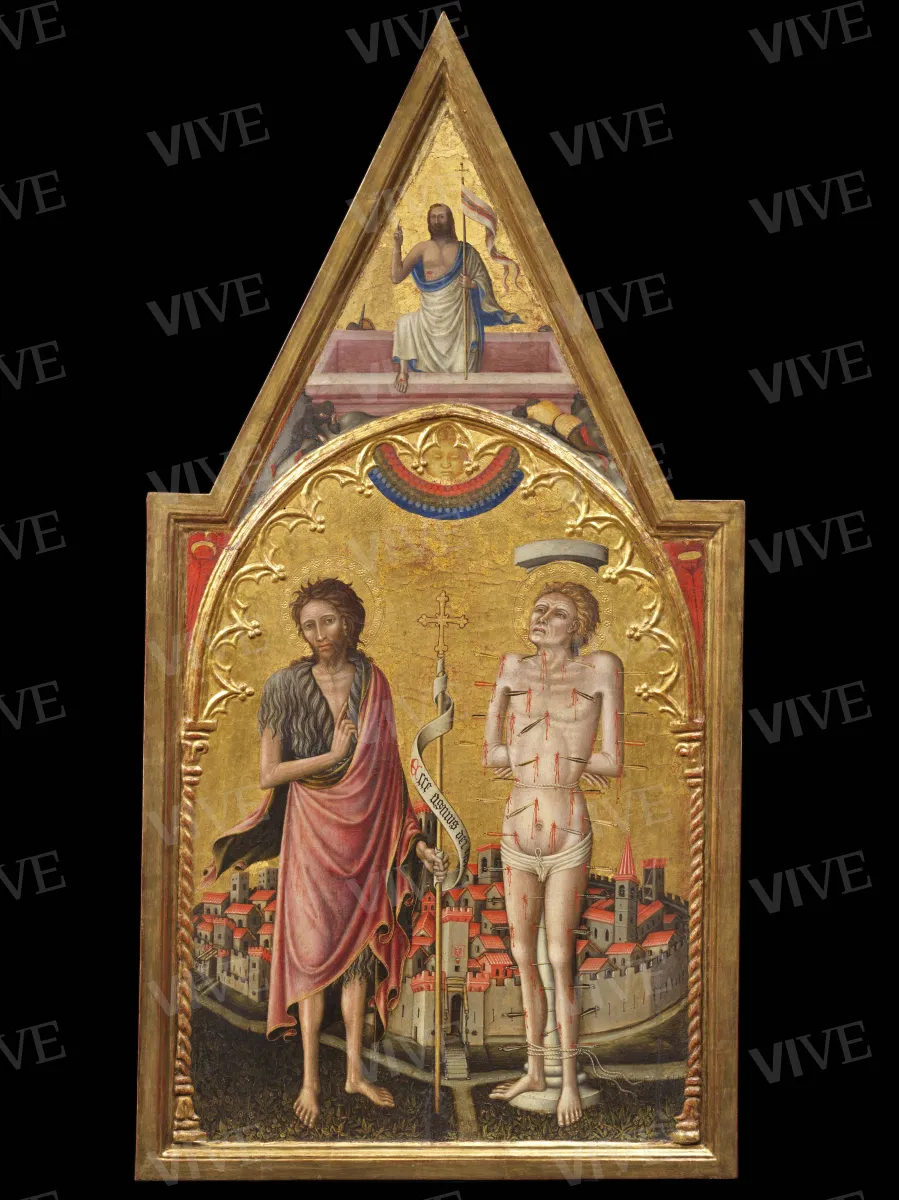 Madonna of Mercy, God the Father shooting arrows (obverse); Saint John the Baptist, Saint Sebastian, and the Risen Christ (reverse) - Staffolo Master
