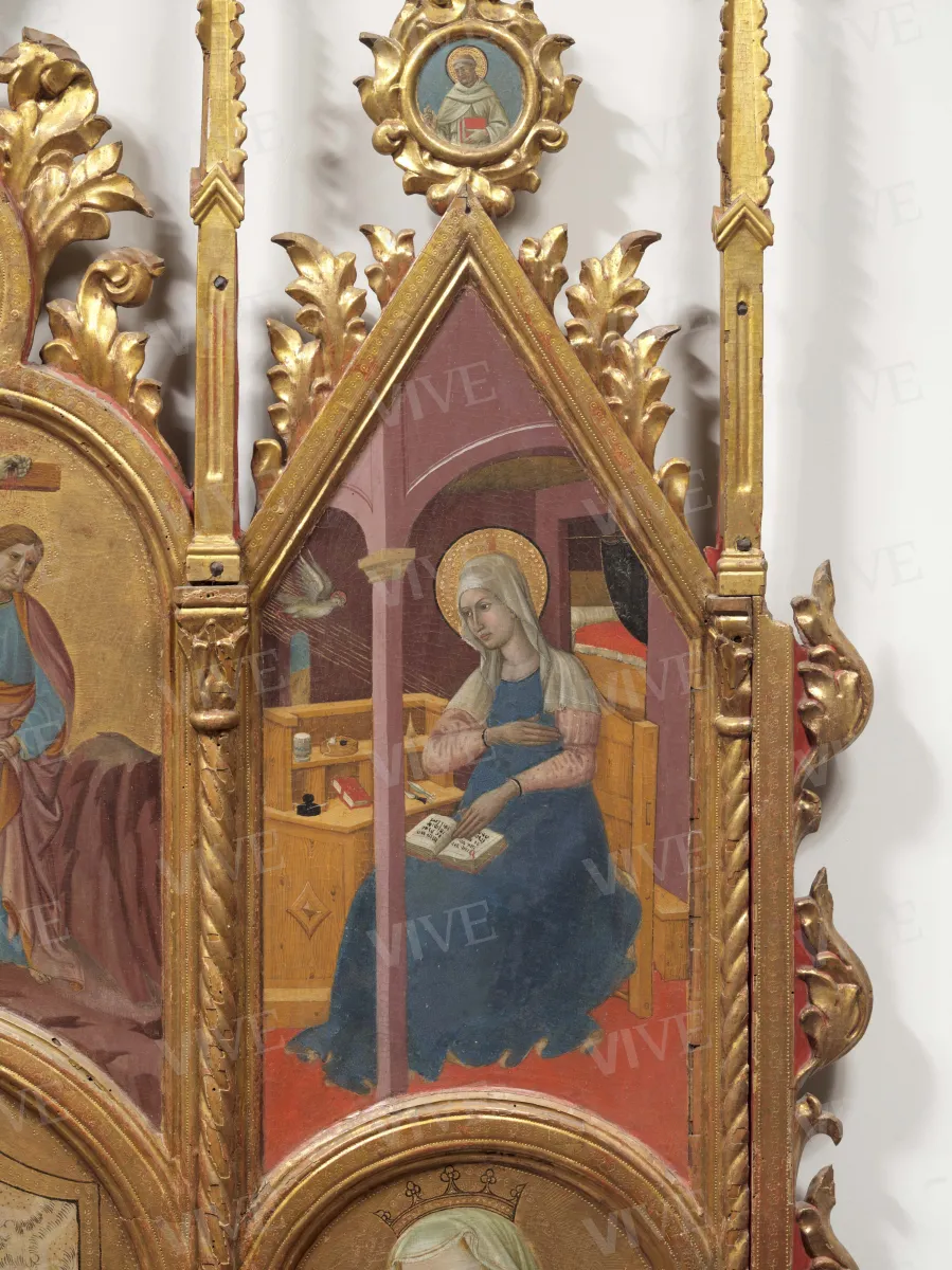 Madonna con il Bambino che mostra gli strumenti della Passione, tra santa Lucia e santa Caterina d'Alessandria; Annunciazione; Dio Padre benedicente, beato Gherardo da Serra de’ Conti e beato Alberto da Sassoferrato - Giovanni Antonio Bellinzoni da Pesaro