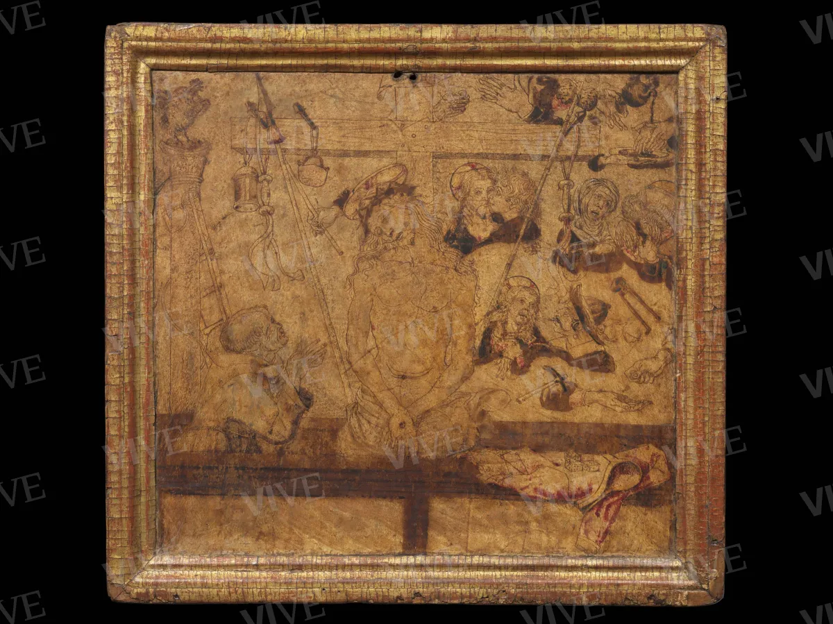 Cristo in pietà con i simboli della Passione e un frate francescano in adorazione - ambito toscano