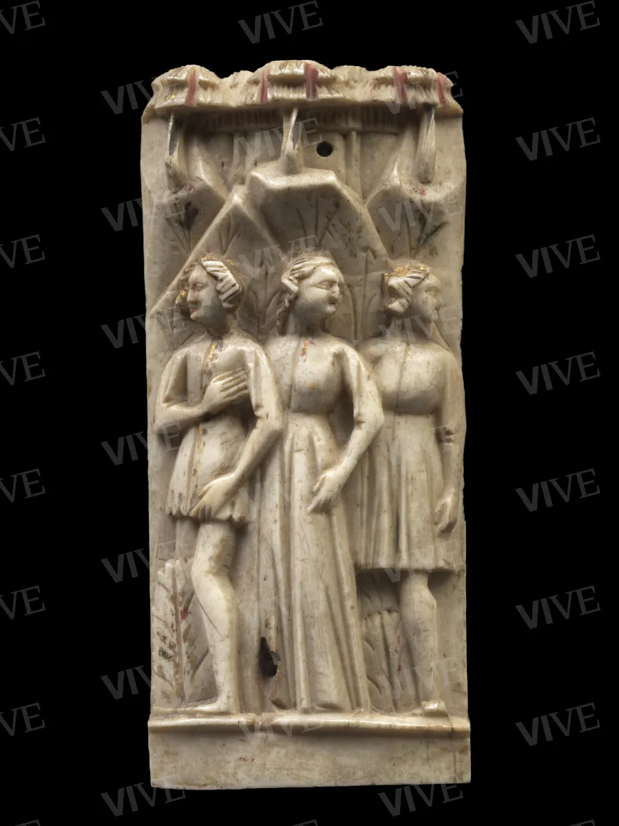 Small plaque from a casket with courtly scenes: three characters  - Baldassarre Ubriachi