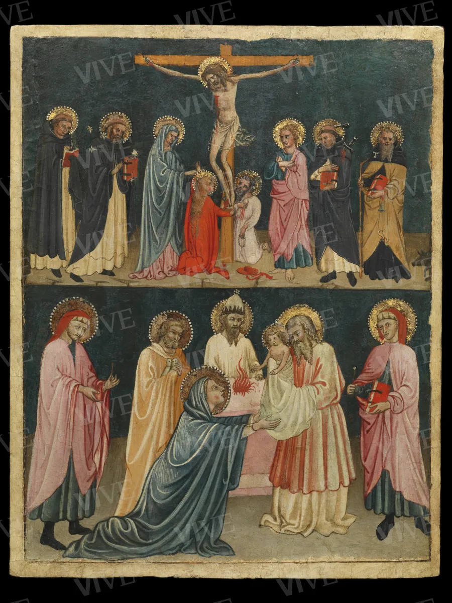 Crucifixion with St Dominic, St Thomas Aquinas, the Virgin Mary, St Mary Magdalene, St Jerome, St John, St Peter the Martyr, St Anthony Abbot (upper register); Presentation of Jesus in the Temple between Sts Cosmas and Damian (lower register) - Francesco d’Antonio?