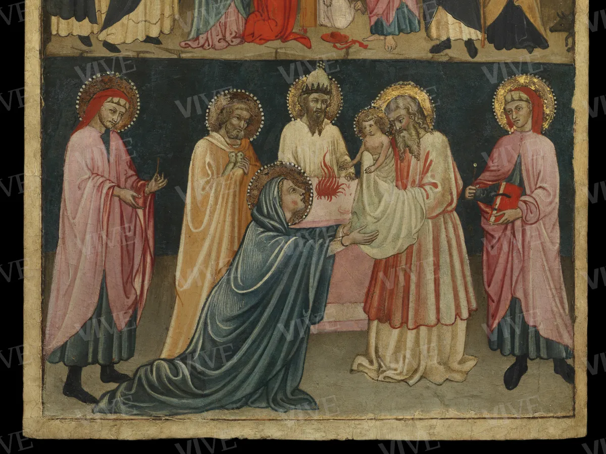 Crucifixion with St Dominic, St Thomas Aquinas, the Virgin Mary, St Mary Magdalene, St Jerome, St John, St Peter the Martyr, St Anthony Abbot (upper register); Presentation of Jesus in the Temple between Sts Cosmas and Damian (lower register) - Francesco d’Antonio?