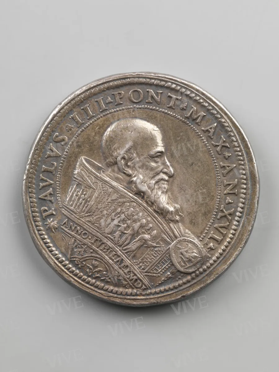 Medaglia giubilare con ritratto di papa Paolo III Farnese/prospetto della basilica vaticana di San Pietro secondo il progetto di Antonio da Sangallo il Giovane - Alessandro Cesati detto il Greco