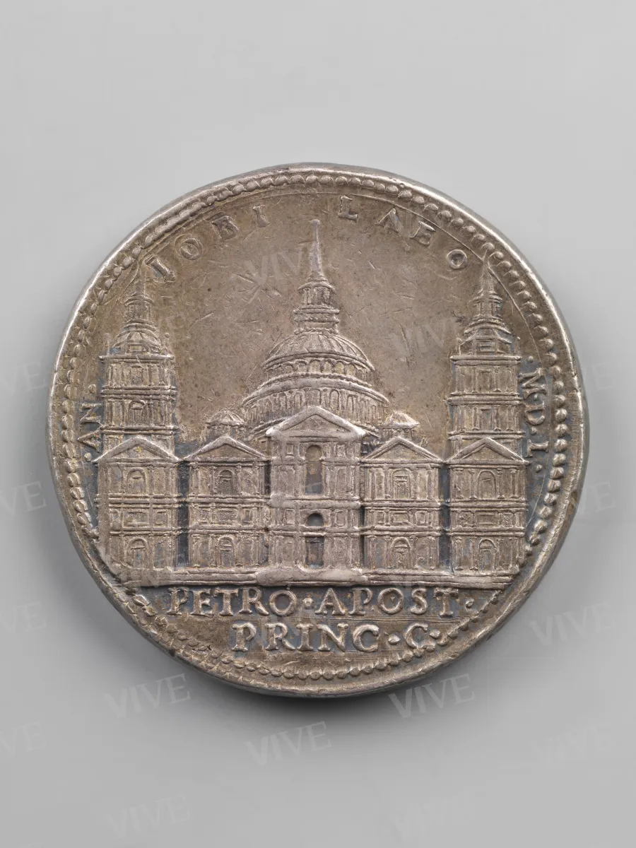 Medaglia giubilare con ritratto di papa Paolo III Farnese/prospetto della basilica vaticana di San Pietro secondo il progetto di Antonio da Sangallo il Giovane - Alessandro Cesati detto il Greco